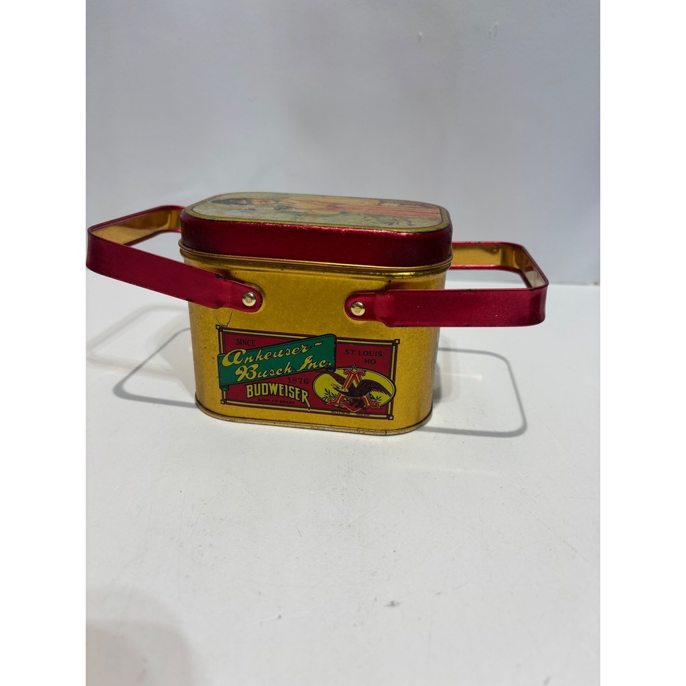 VTG Budweiser Tin Picnic Basket Small Gold Red Vintage 1992 Anheuser Busch